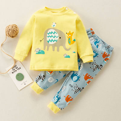 Conjuntos de pijamas de elefante de gato de dibujos animados de algodón para niñas pequeñas y pantalones de bloques de color