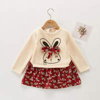 Rabbit Pattern Floral Printed Dress for Toddler Girl - Hibobi