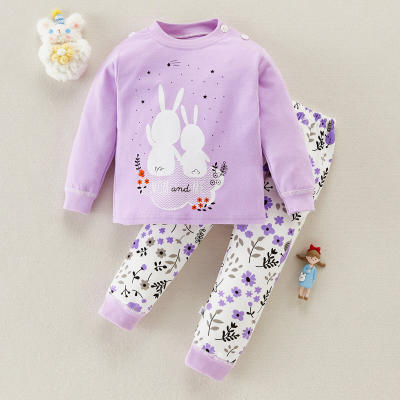 Conjuntos de pijamas con patrón de gato de 2 piezas para niña pequeña