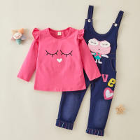 2-piece Solid Ruffle Tops & Denim Dungarees for Toddler Girl  Hot Pink