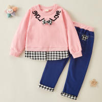 2pcs Fashion Color-block Plaid Love Print Pullover and Pants  Pink