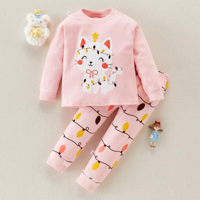 Conjuntos de pijamas com padrão de gato de 2 peças para menina