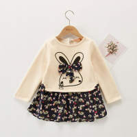 Rabbit Pattern Floral Printed Dress for Toddler Girl - Hibobi