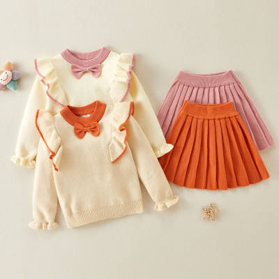 2-piece Solid Bow Decor Sweater & Skirt for Toddler Girl
