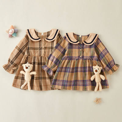 Toddler Girl Plaid Color-block Bear Pattern Lapel Collar Dress