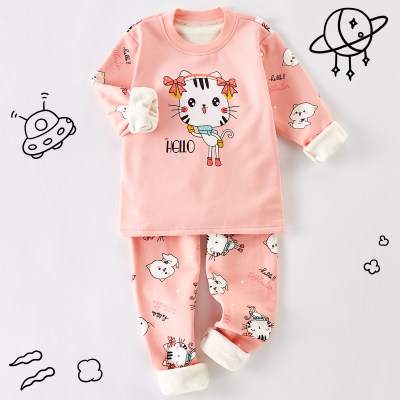 Pijama básico para bebês e meninas de algodão com forro de lã animal conjuntos de calças e tops