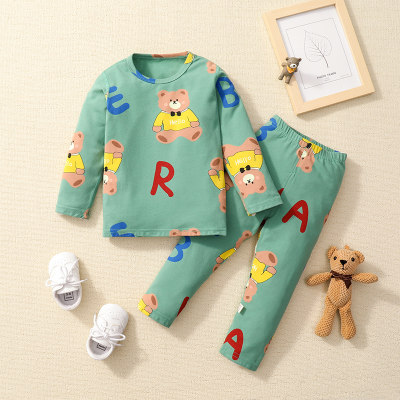 Conjunto de pijama de oso a cuadros con animales para niños pequeños, camiseta y pantalones