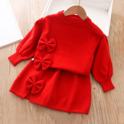 Toddler Girls Sweet Cotton Solid Color BowKnot Decor Sweater & Skirt