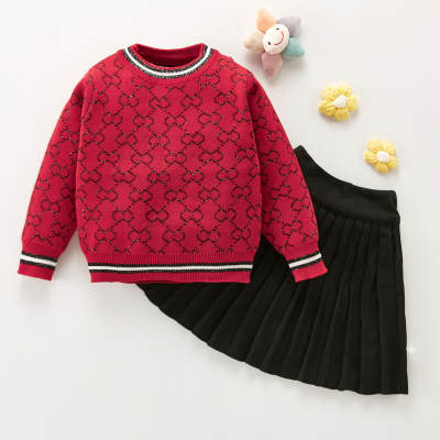 Conjunto de vestido de saia e blusa para meninas de tricô geométrica com blocos de cores
