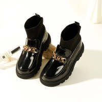 Kid Girl Solid Color Metal Buckle Decor Boots - Hibobi