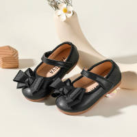 Toddler Girl Solid Color Bowknot Decor Leather Shoes  Black