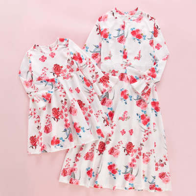 Mom Baby Clothes Floral Printed Long Sleeve Dress