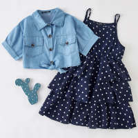 2-piece Denim Tops & Sling Polka Dot Layered Dress for Girl  Deep Blue