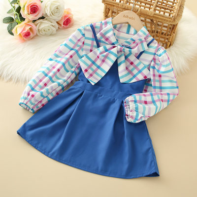 Kids Girls Plaid Print Lantern Sleeve Tie Blouse & Solid Slip Vest & Skirt Set
