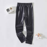 Kid Girl Slim-fit Solid Color Leather Pants Leggings  Black