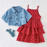 2-piece Denim Tops & Sling Polka Dot Layered Dress for Girl  Red