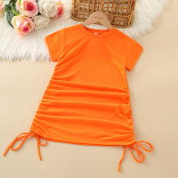 Kids Girls Solid Drawstring Dress  Orange