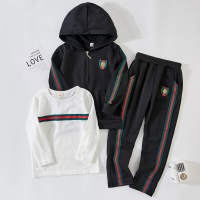 3-piece Stripes Hooded Coat & Sweatshirts & Pants for Boy  Black