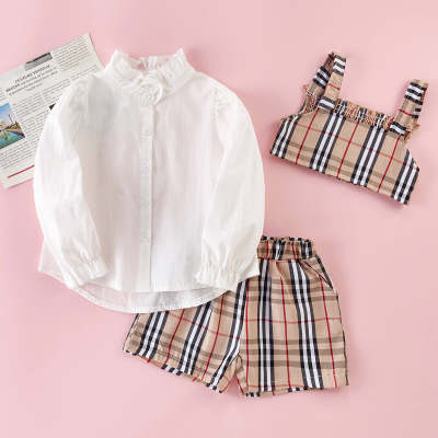 Kids Girls Solid Blouse & Plaid Print Vest & Shorts Set