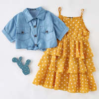 Kid Girl Denim Tops & Polka Dot Layered Sling Dress  Yellow
