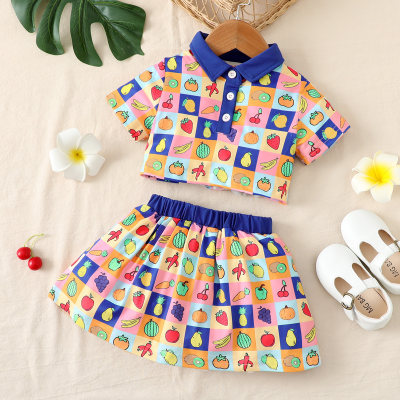 Conjunto de vestido con falda y top de frutas a cuadros de poliéster para niñas pequeñas