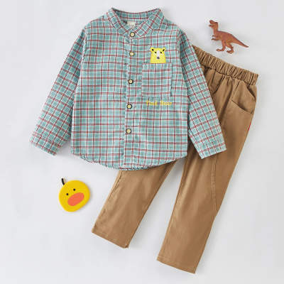 Camisa e calças xadrez de 2 peças com padrão de urso para menino