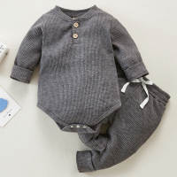 Baby Solid Color 100% Cotton Knitting Long Sleeve Romper & Pants  Gray
