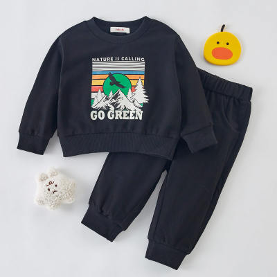 hibobi Toddler Boy Letter Snow Mountain Pattern Sweatshirt & Casual Pants