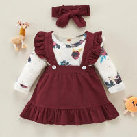 Baby Girl Floral Bodysuit & Solid Color Suspender Skirt & Headband - Hibobi