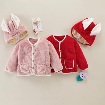 Baby Girl Plush Solid Color Coat & Rabbit Ear Hat