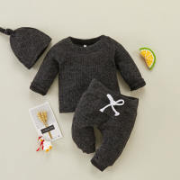 Baby Solid Color Long Sleeve Sweater & Pants With Hat  Black