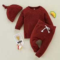 Baby Solid Color Long Sleeve Sweater & Pants With Hat  Burgundy