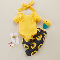 Baby Girl Babysuit & Sunflower Print Pants & Headband  Yellow