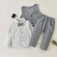 Toddler Boy Bow Decor Striped Shirt & Plaid Vest & Pants  Gray