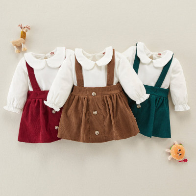 Baby Girl Sweet Doll-collar Long Sleeve Romper & Suspender Skirt