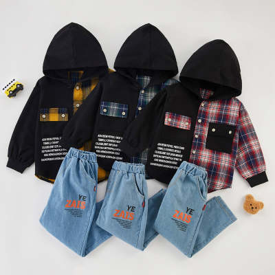 2-piece Plaid Hoodie & Jeans for Toddler Boy（No Shoes）