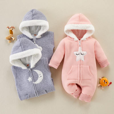 Baby Cute Furry Star Moon Printed Hooded Jumpsuit
