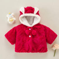 Solid Plush Rabbit Design Jacket for Baby Girl  Red