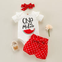 Baby Girl Watermelon Babysuit & Headband & Polka Dot Shorts  Red/White