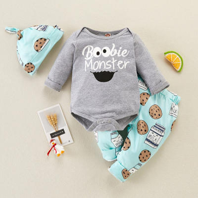 Baby Letter Printed Funny smiley face Pattern Bodysuit & Pants With Hat