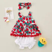 3-piece Watermelon Printed Tassel Dress & Shorts & Headband for Baby Girl - Hibobi