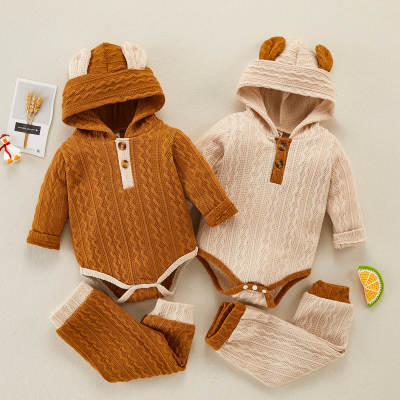 Baby Color-block Bear-ear Long Sleeve Knitted Romper Two-piece