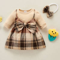 Baby Girl Plaid Print Bow Decor Color-Block Dress with Headband - Hibobi