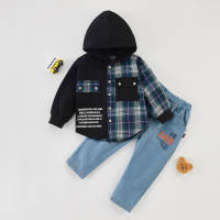 2-piece Plaid Hoodie & Jeans for Toddler Boy（No Shoes）  Blue