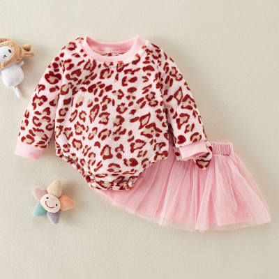 hibobi Falda de malla y mameluco de terciopelo de manga larga con estampado de leopardo para bebé niña