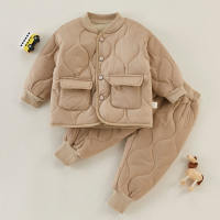 Toddler Boy Casual Solid Color Shawl Collar Puffer Jacket & Pants  Beige