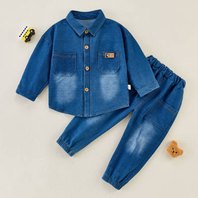 2-piece Solid Denim Shirt & Pants for Toddler Boy（No Shoes）