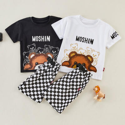 T-shirt e shorts xadrez com estampa de letras e camiseta infantil menino desenho animado urso