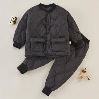 Toddler Boy Casual Solid Color Shawl Collar Puffer Jacket & Pants  Black
