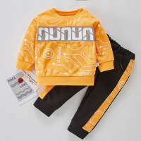 Toddler Boy Pure Cotton Letter Printed Color-block Sweater & Pants  Orange